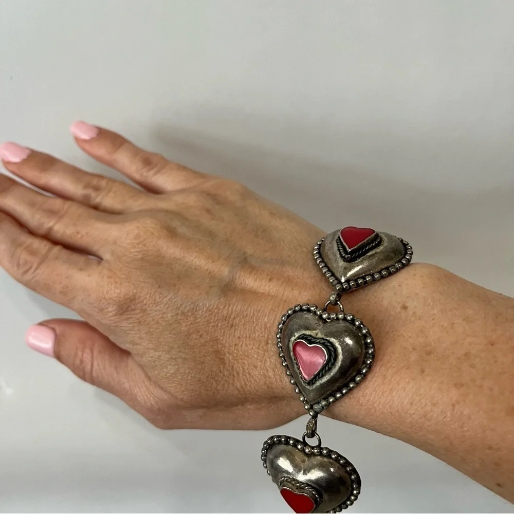 Vintage Silver Red Puffy Hearts Bracelet